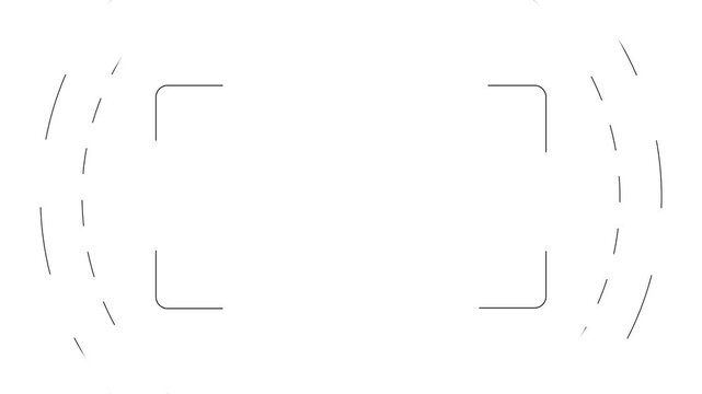 Minimalist abstract white background with thin gray rounded corner frame and dashed curved motion lines on sides, resembling camera focus or loading overlay.