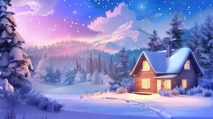 Fototapeta premium Cozy winter cabin surrounded by snow-covered trees under a starry night sky with colorful auroras and mountains in the background