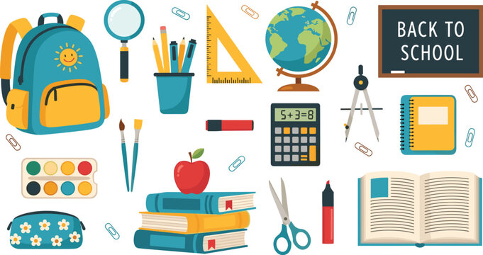 Back to school supplies vector set featuring backpack, books, globe, calculator, notebook, scissors, ruler and stationery items, colorful education icons collection for classroom design and learning