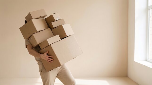 A person carries a very large and heavy stack of cardboard boxes appearing to struggle with the excessive load during a move