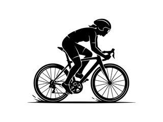 Obraz premium High-contrast vector silhouette of a female athlete riding a road bicycle, wearing a helmet and gear. Ideal for sports and fitness branding.
