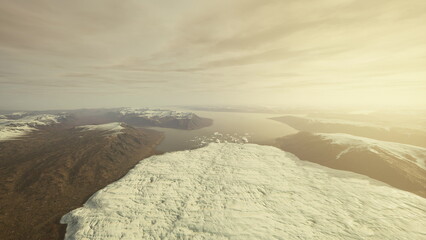 Fototapeta premium A stunning landscape shows a massive glacier stretching towards a calm ocean as the sun sets in the background. The warm light enhances the natural beauty of this remote area.