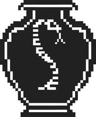 Fototapeta premium pixel art black vase icon with white crack and jagged design, ancient pottery silhouette symbol