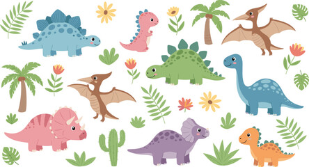 Cute dinosaur cartoon vector set with stegosaurus, triceratops, brachiosaurus and pterodactyl characters, colorful prehistoric animals with plants and flowers for kids nursery design, stickers, prints © Aminul