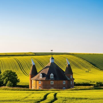 Historic roundel building architecture nestled within rolling agricultural fields beneath a clear summer sky, defining the classic British heritage, old, architecture, sunny
