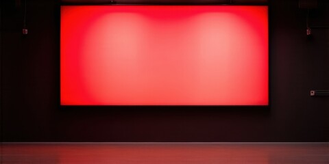 Fototapeta premium Empty cinema screen glows red. Dark room, minimal lighting, stage presentation. Dramatic effect, focus on blankness.