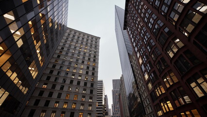 Obraz premium upward view of city canyon at twilight featuring reflective windows, steel facades, neon accents, implied motion and hustle, cinematic contrast, ideal