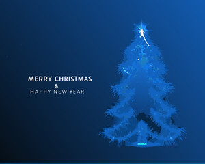 Festive blue christmas tree with holiday greetings on a dark background © Uttam