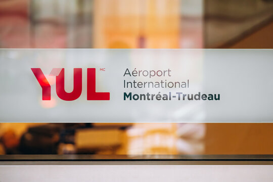 Montreal, Canada - August 25, 2025: YUL sign for Montreal Trudeau International Airport inside the terminal