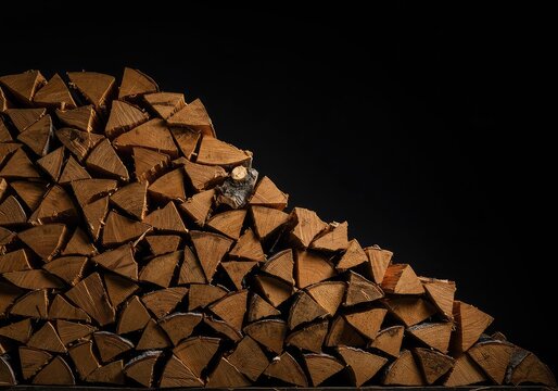 A massive, neatly organized stack of split logs and chopped kindling prepared for use in a fireplace or wood-burning stove during cold weather ,chopped ,log pile ,background