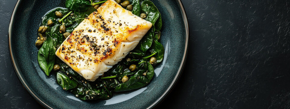 Grilled fish fillet on a bed of wilted spinach with capers.