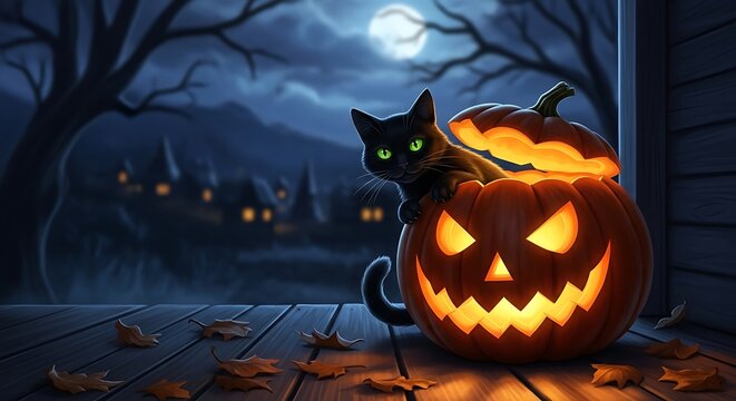 Black cat peeking out of a glowing jack-o'-lantern on a wooden porch at night.