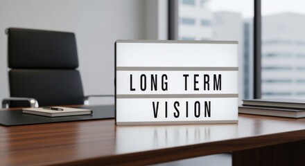 Long Term Vision message on lightbox in modern office desk setting