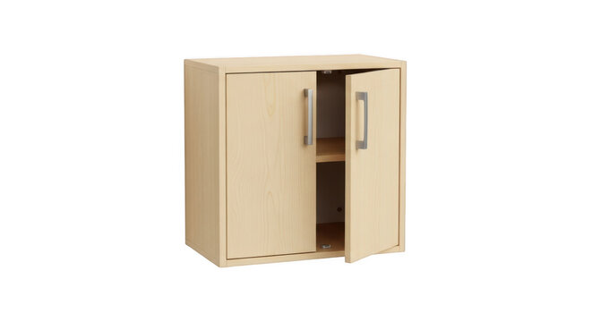 Light brown wooden cabinet with two doors open isolated on transparent background
