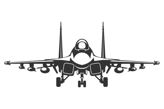 Monochrome front view silhouette shenyang J16 military combat aircraft. Black and white vector plane illustrations captured from a head-on perspective.