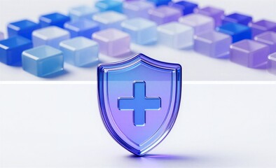 Obraz premium Blue shield with cross symbol surrounded by colorful cubes on a white