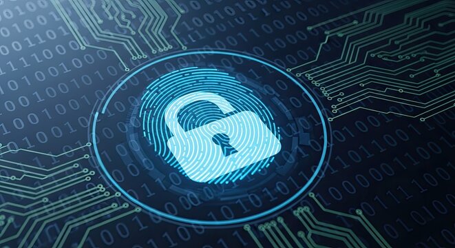 A dark background displays a circuit board pattern overlaid with a large, glowing padlock icon.