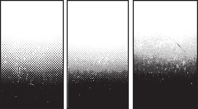 Vertical halftone gradient panels with dotted texture and black distressed grain transitions on transparent background suitable for comic book backgrounds and modern print design layouts