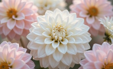 Fototapeta premium A white dahlia blooms beautifully surrounded by soft pink flowers in