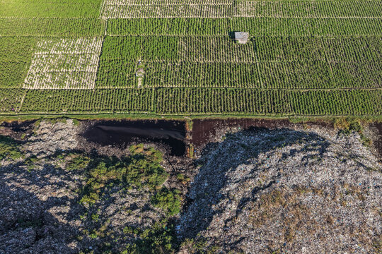 Chattogram, Bangladesh - 25 November 2025: Aerial view of a stark contrast where lush green fields meet the harsh reality of the Anondobazar Landfill.