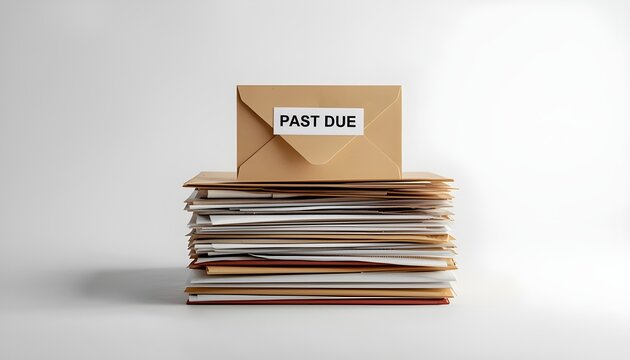A stack of overdue bills and letters with a past due envelope on top