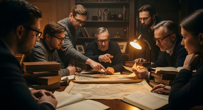 Focused Team Studies Ancient Maps and Historical Documents in a Library Setting