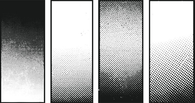 Halftone gradient pattern collection featuring four vertical banners with different dot density and transition effects on transparent background for modern comic book and pop art design