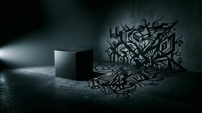 Mysterious Black Cube Casting Abstract Shadow Art on Dark Wall.