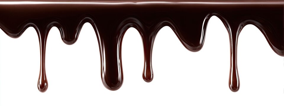 Dark brown, glossy chocolate dripping over a white background, creating a sweet, flowing pattern