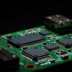 Detailed view of small electronic components soldered onto a circuit board, representing modern automated electronics manufacturing ,SMT ,assembly ,computer