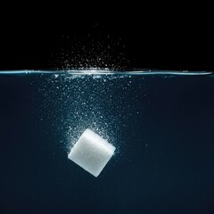 Dissolving white sugar cube leaves an empty space in clear water, symbolizing the fading of memories or the end of a thought process ,transparency ,minimalist ,cube
