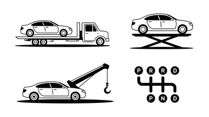 Fototapeta premium Car vector icons including tow truck and gear shift illustrations