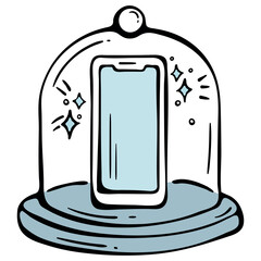 Digital detox and Focus mode icon, smartphone under a glass dome cloche to limit screen time, hand drawn doodle style.