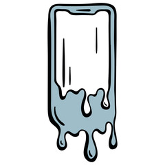Digital burnout and information overload icon, melting smartphone screen, hand drawn doodle style.
