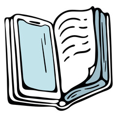 Digital reading with e-book mode icon, smartphone inside an open paper book, hand drawn doodle style.