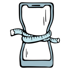 Screen time control and digital diet icon, smartphone with measuring tape, hand drawn doodle style.