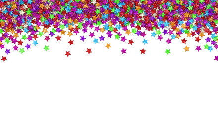 Obraz premium thousands of sharp, glossy metallic star confetti in saturated colors (red, purple, green, blue) falling from the top edge onto a transparent background with copy space. concept for celebratory