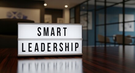 Fototapeta premium Smart Leadership Sign on Wooden Desk in Modern Office Setting