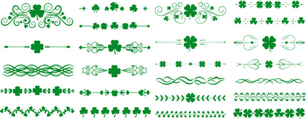 Green shamrock clover divider borders vector set for Saint Patrick's Day decorations. Decorative trims with shamrock leaves, swirl lines and lucky horseshoe elements for festive greeting cards © arraygraphic1