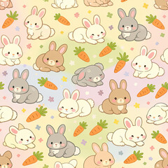 Obraz premium Pastel spring seamless pattern with flowers bunnies chicks butterflies and easter elements watercolor style background