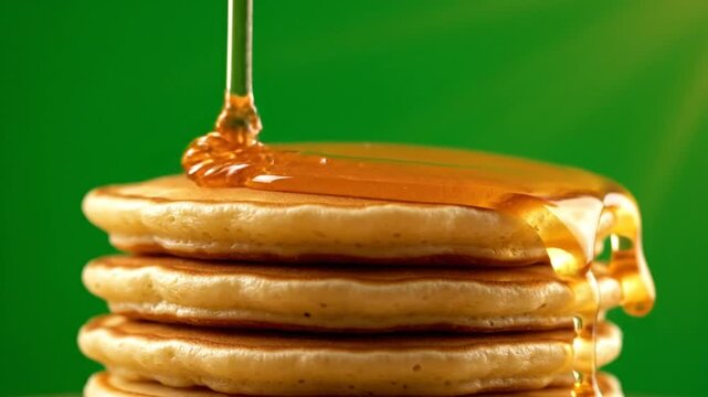 Delicious golden pancakes stacked high with maple syrup being poured over them with a vibrant green background.