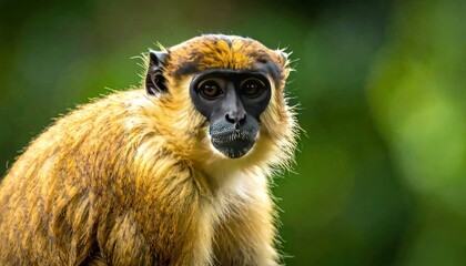 Obraz premium Close-up of a monkey, green and brown hues, with a focused gaze