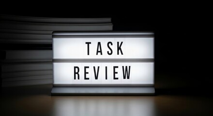 Fototapeta premium Task Review Lightbox Sign with Stacked Documents, Business Planning Concept