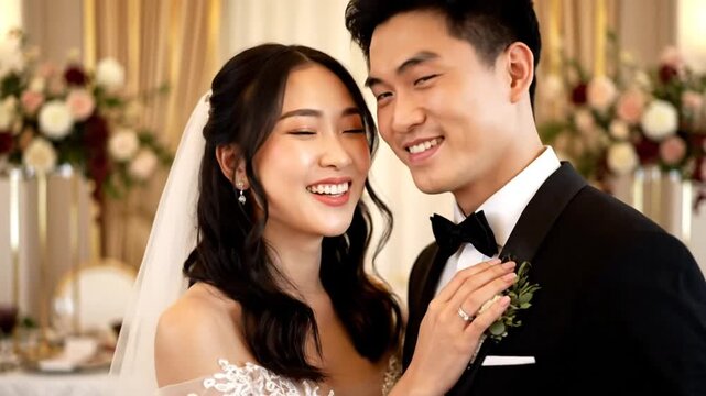 Happy newly married Asian couple poses for wedding portrait, smiling with joy