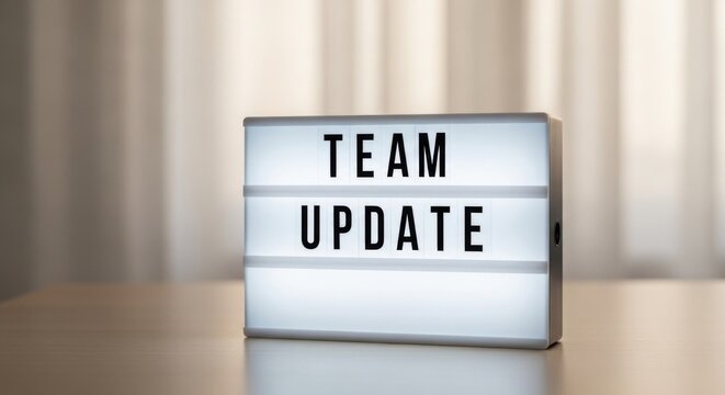 Team Update Lightbox Announcement on Wooden Desk in Bright Office