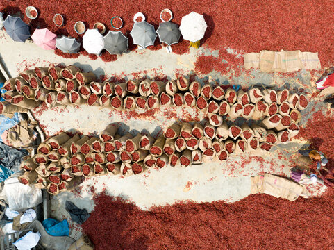 Aerial view of vibrant red chilies spread out to dry under the sun near neatly arranged burlap sacks, Sariakandi, Rajshahi Division, Bangladesh.