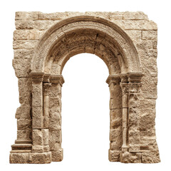Obraz premium Ancient stone archway ruins, weathered Romanesque masonry gateway, historic architectural element for heritage design isolated PNG with Transparent Background