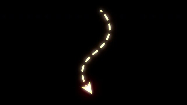 Animation A glowing, curved dashed arrow pointing downwards on a black background, perfect for highlighting directional movement in motion graphics. alpha channel only 4k
