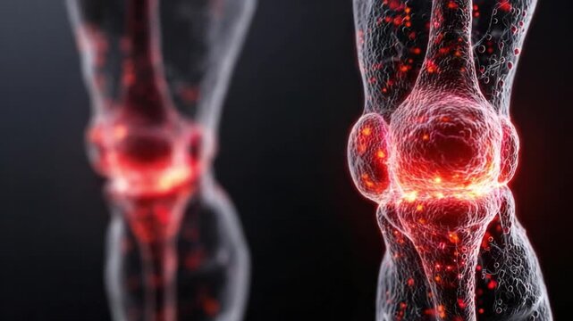 Knee Anatomy and Pain: A detailed, illuminated illustration of human knee anatomy, showcasing pain and inflammation, ideal for medical or health-related projects.