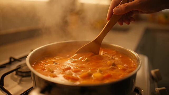 Steaming pot of vibrant vegetable soup being stirred with a wooden spoon